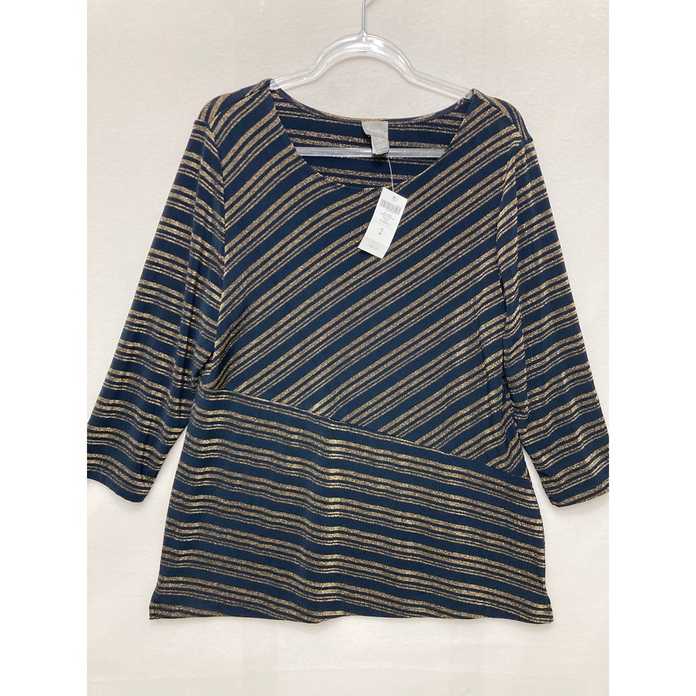 New Chico's Travelers Striped Top size Large/2 Navy Gold Metallic 3/4 Sleeve